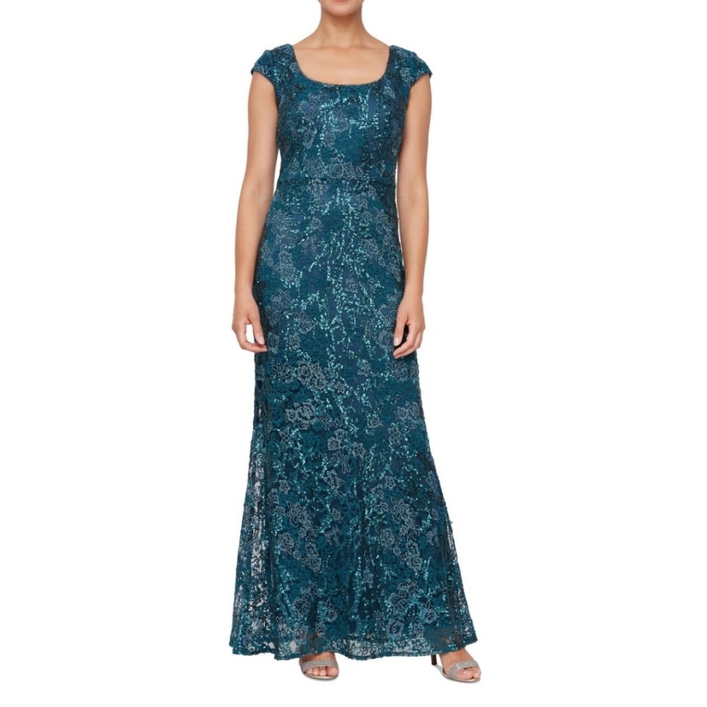 Alex Evenings Womens Blue Sequined Long Evening Dress Gown Petites 8P  269$